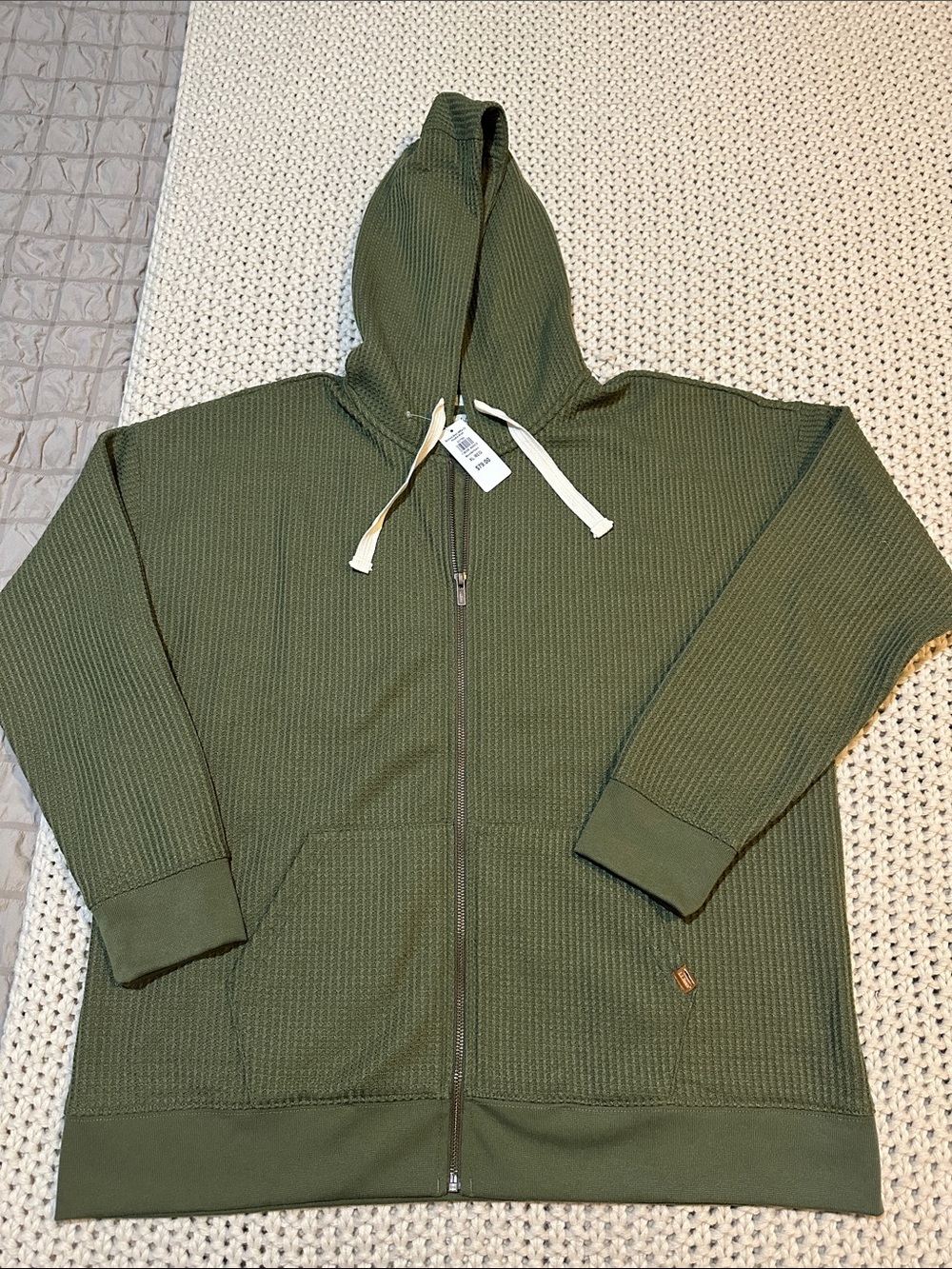NWT L.L. Bean Olive Green Waffle Knit Zip-Up Hooded Sweater for Women, XL